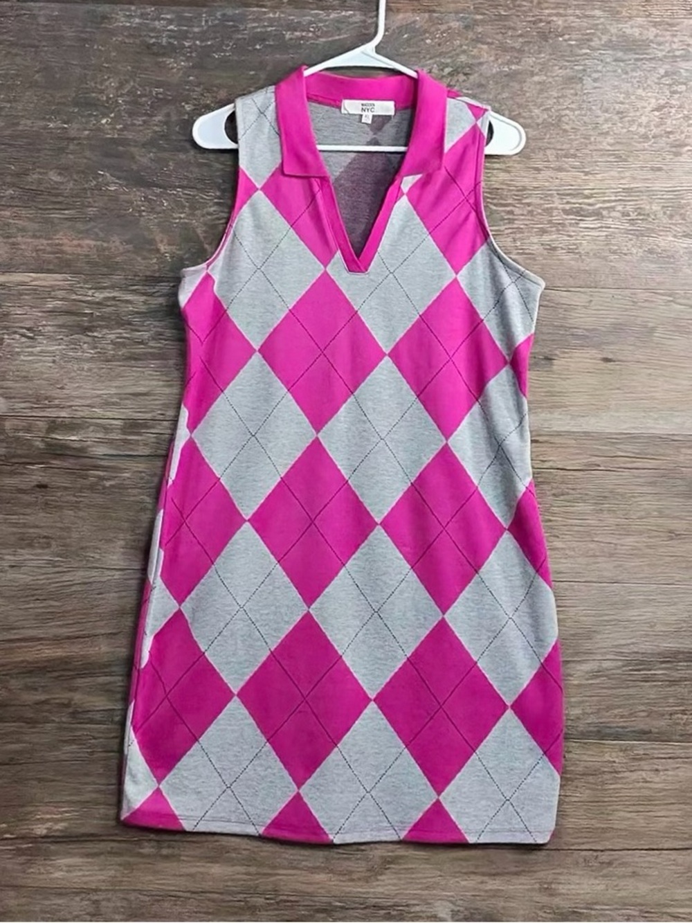 Sleeveless Argyle Knit Polo Dress - Pink & Gray
